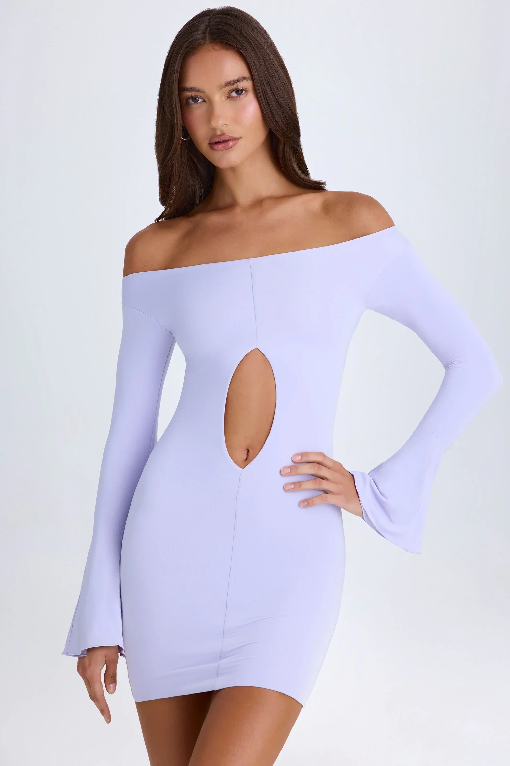 Off Shoulder Cut Out Mini Dress in Soft Lilac