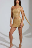 Embellished Low Rise A Line Micro Mini Skirt in Gold