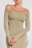 Long Sleeve Off The Shoulder Modal Cashmere Blend Maxi Dress in Taupe