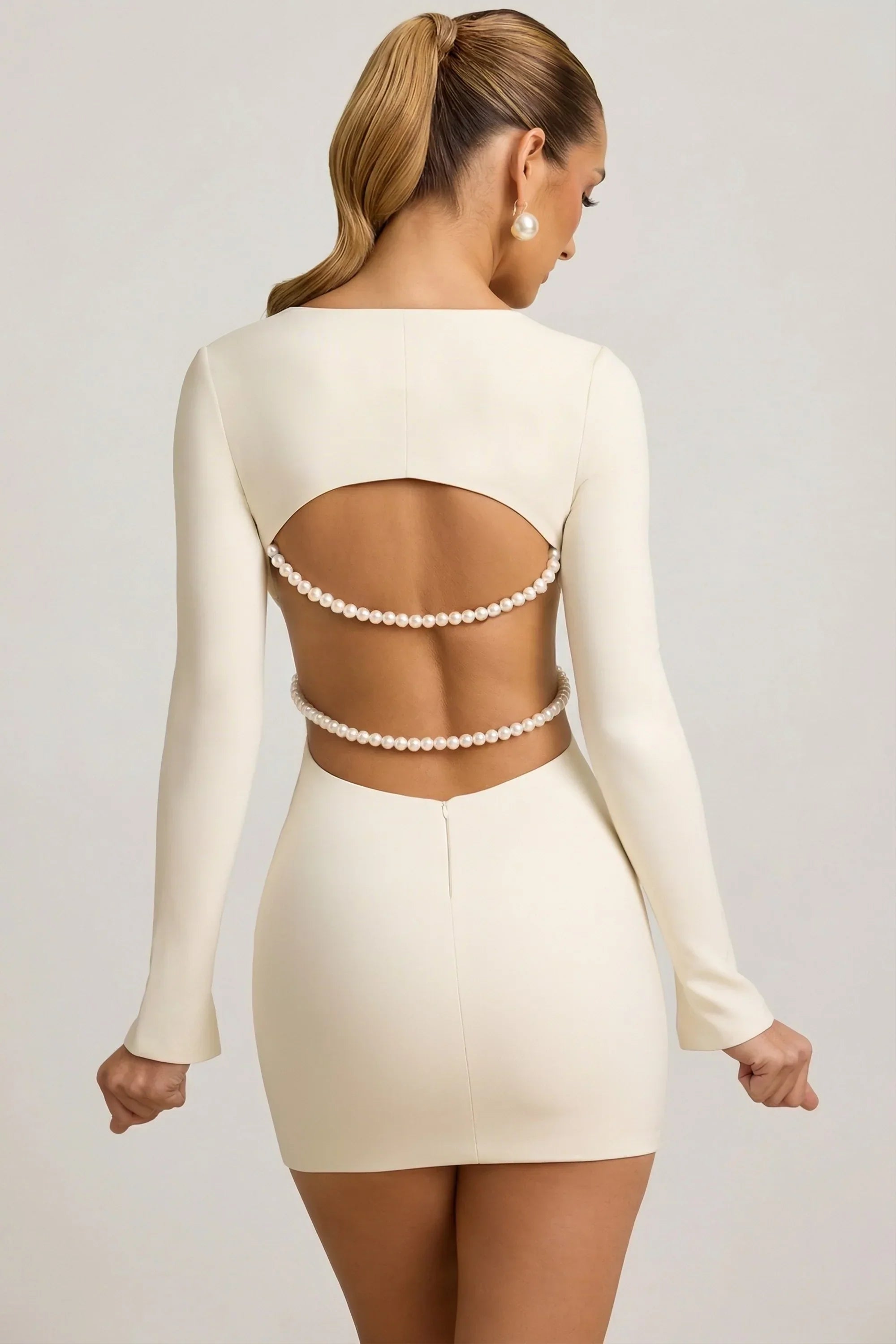 Pearl Detail Cut Out Mini Dress in Ivory
