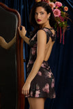Draped Open Back A Line Mini Dress in Black Floral Print