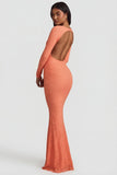 Ruched Backless Lace Maxi Dress in Peach