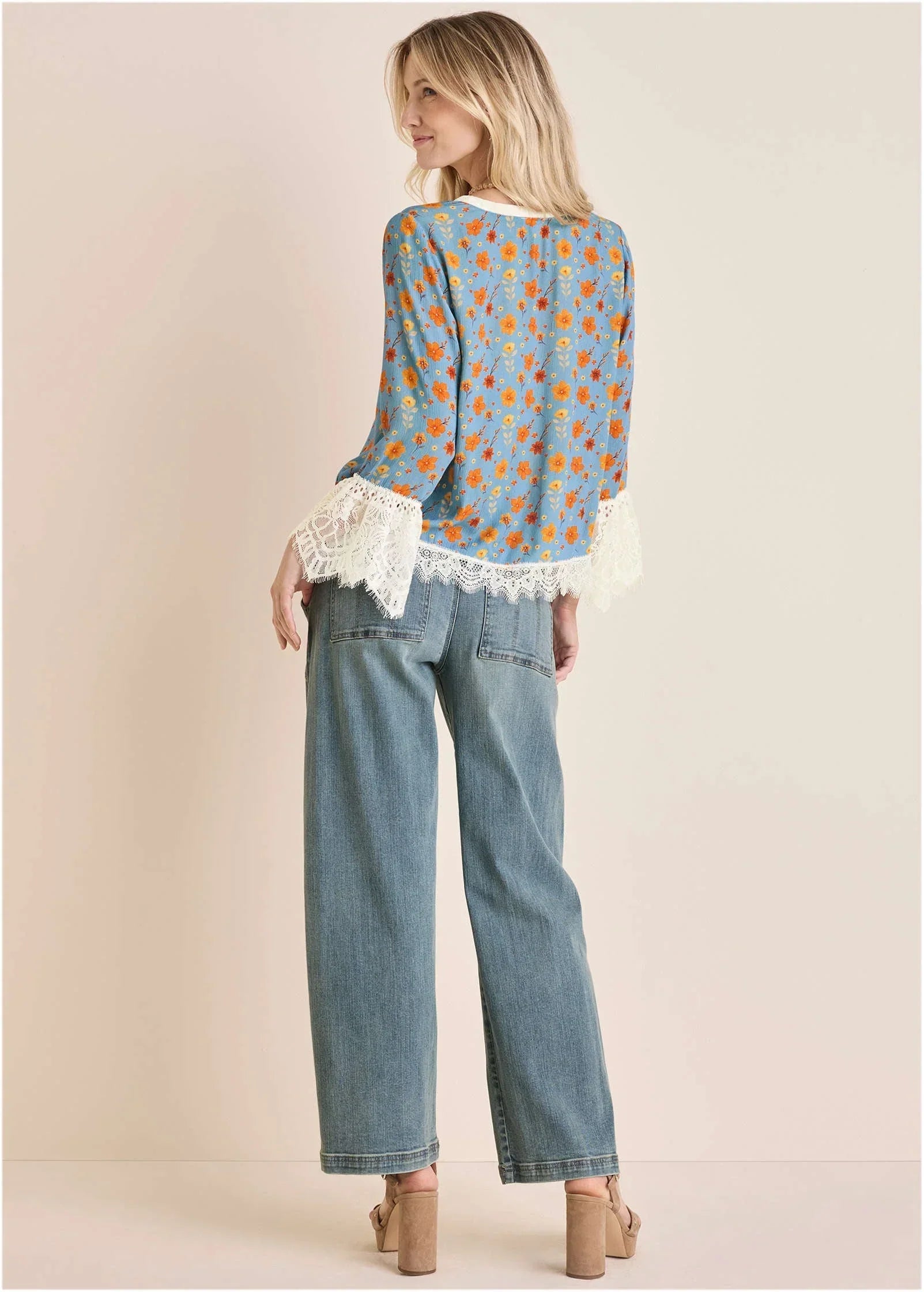 Lace Trim Woven Top Blue Multi