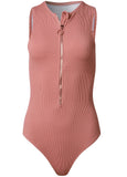 Zip Front Ribbed One Piece Pink Rosette