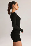 Modal Boat Neck Draped Long Sleeve Mini Dress in Black