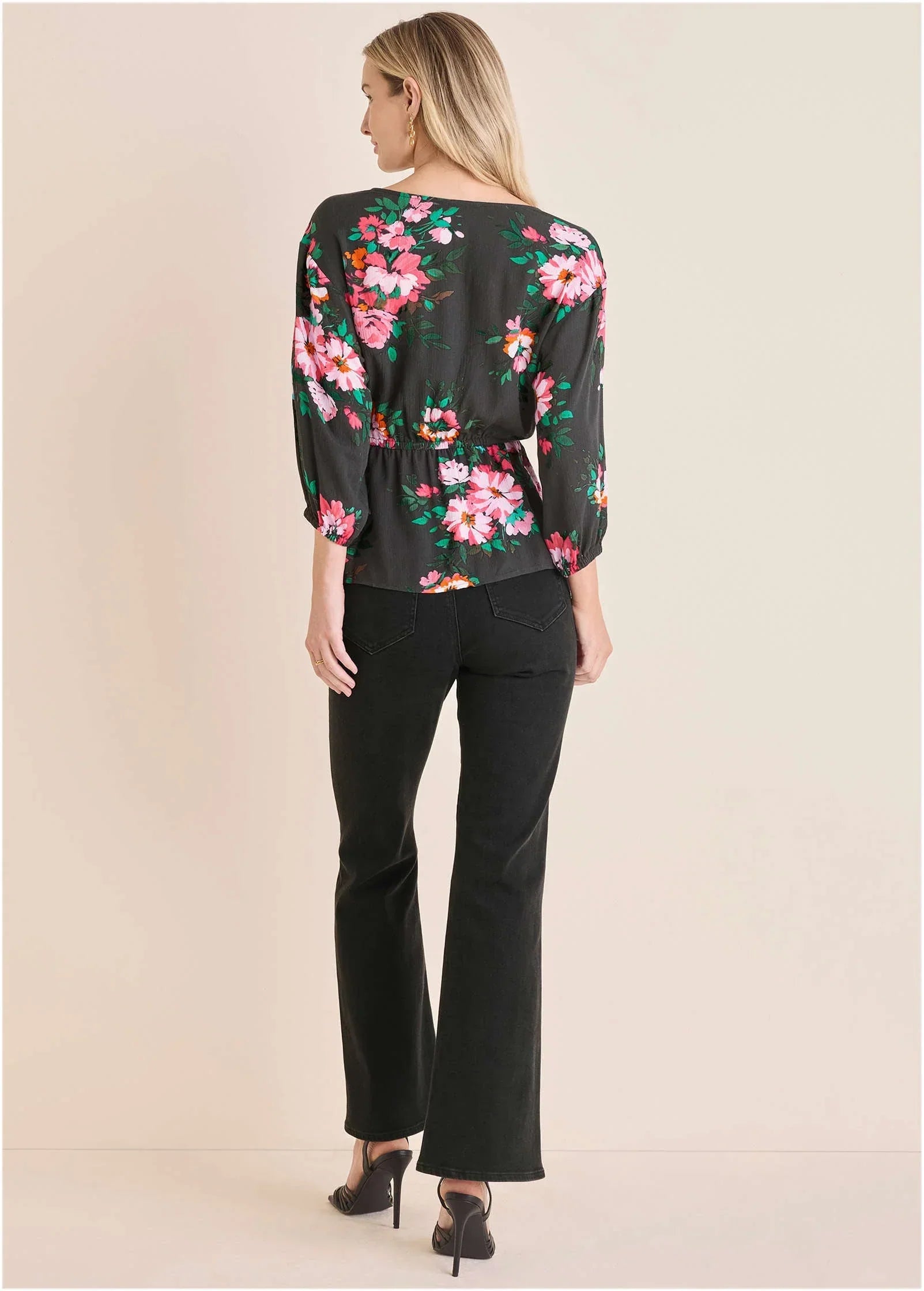 Tie Waist Blouson Top Black Crisp Bouquet