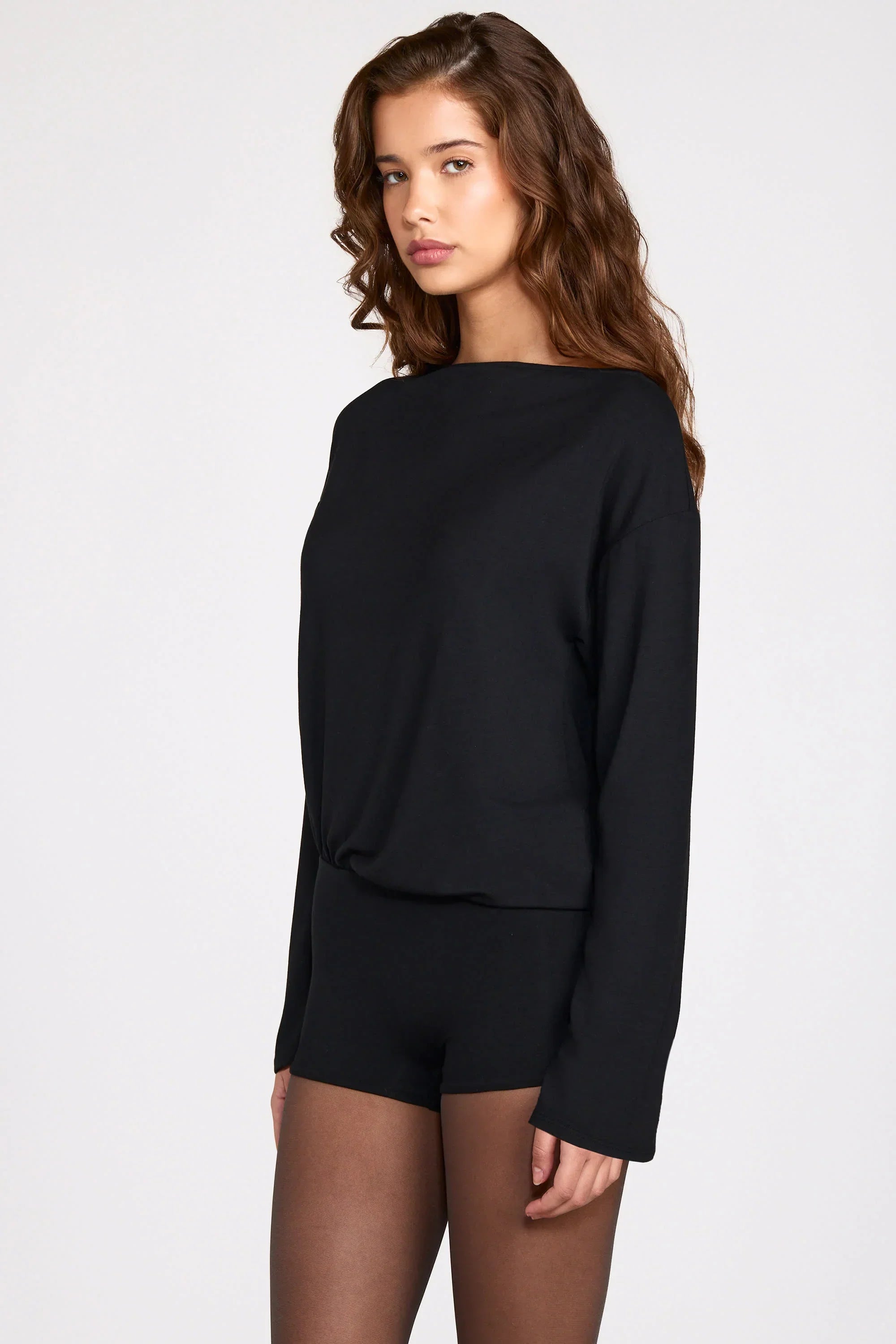 Modal Long Sleeve Backless Romper in Black