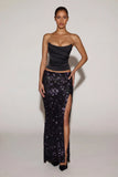Embellished Mid Rise Thigh Split Maxi Skirt in Black Purple