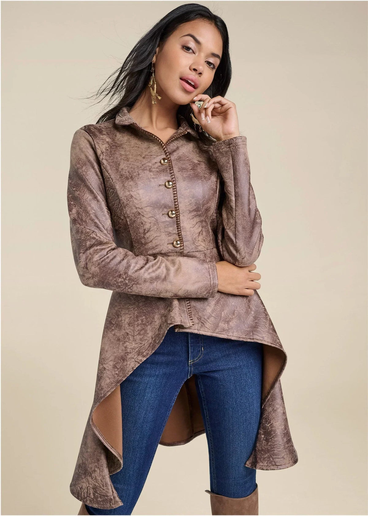 Distressed Faux Suede Scuba Hi Low Jacket Brown Multi
