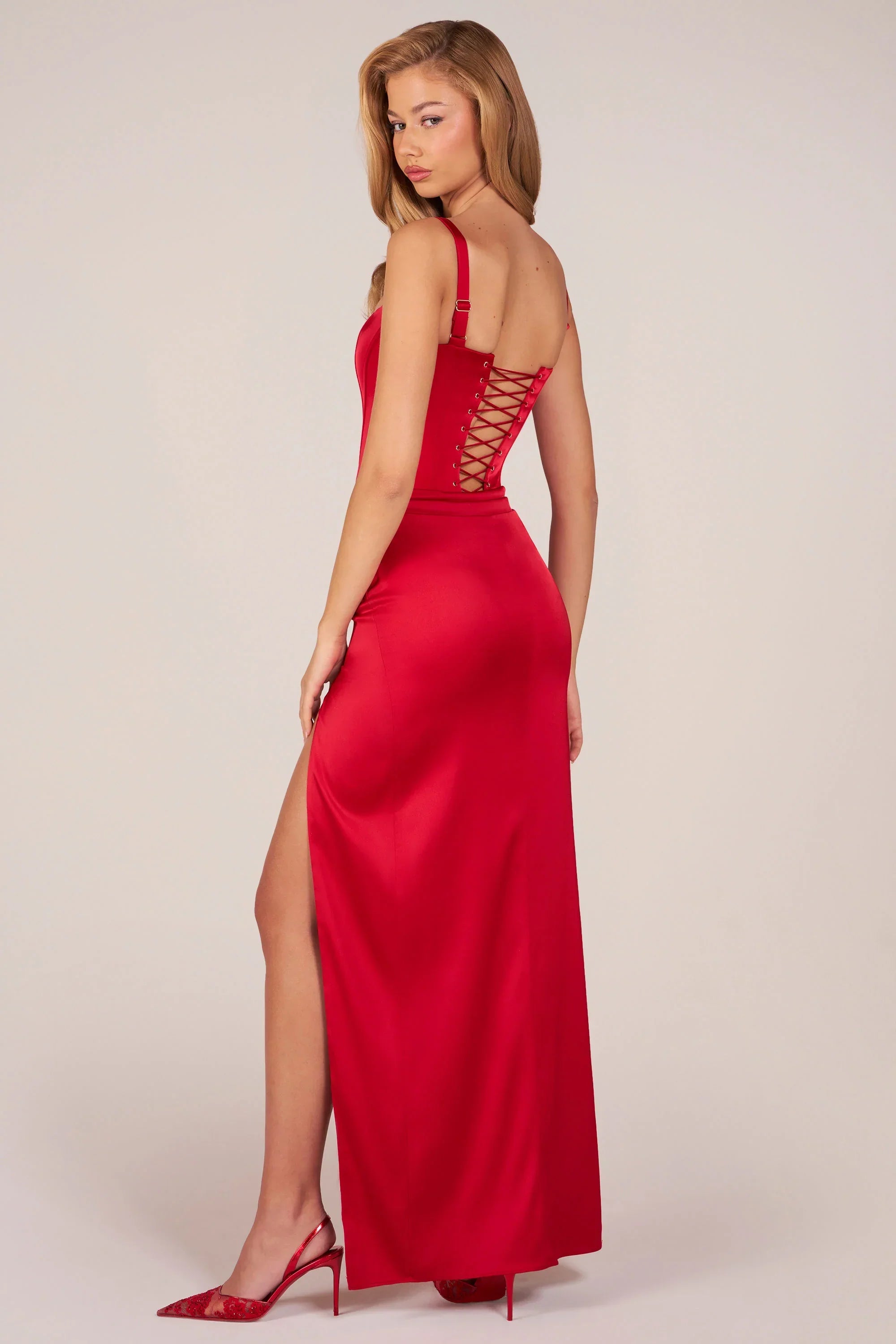 Corseted Thigh High Split Maxi Dress in Rose Red