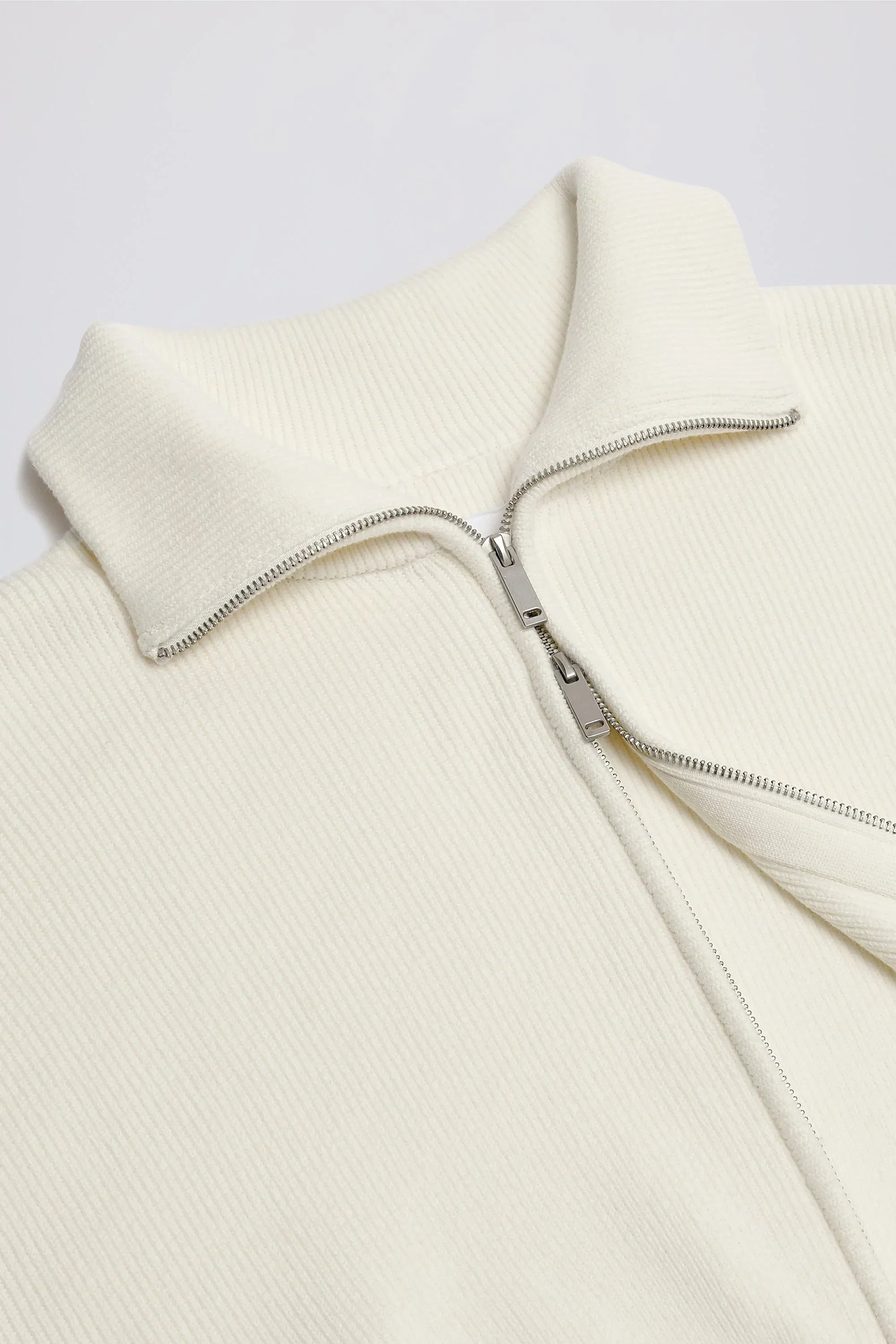 Ribbed Knit Zip Up Cropped Sweatshirt in Ivory