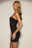 Satin Scalloped Bandeau Ruched Mini Dress in Black