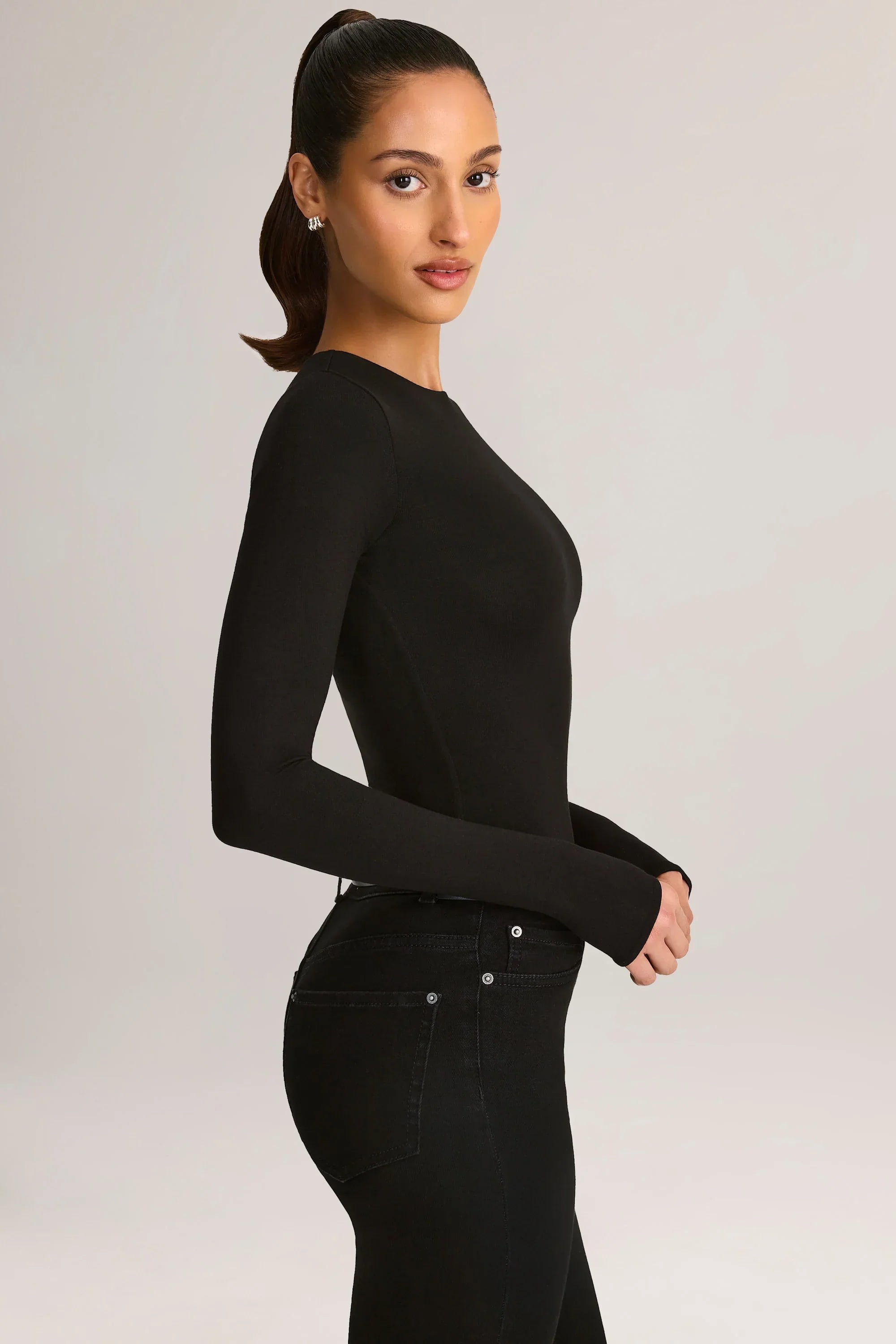 Modal Round Neck Long Sleeve Bodysuit in Black