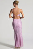Embellished Cut Out Fishtail Maxi Dress in Peony Pink