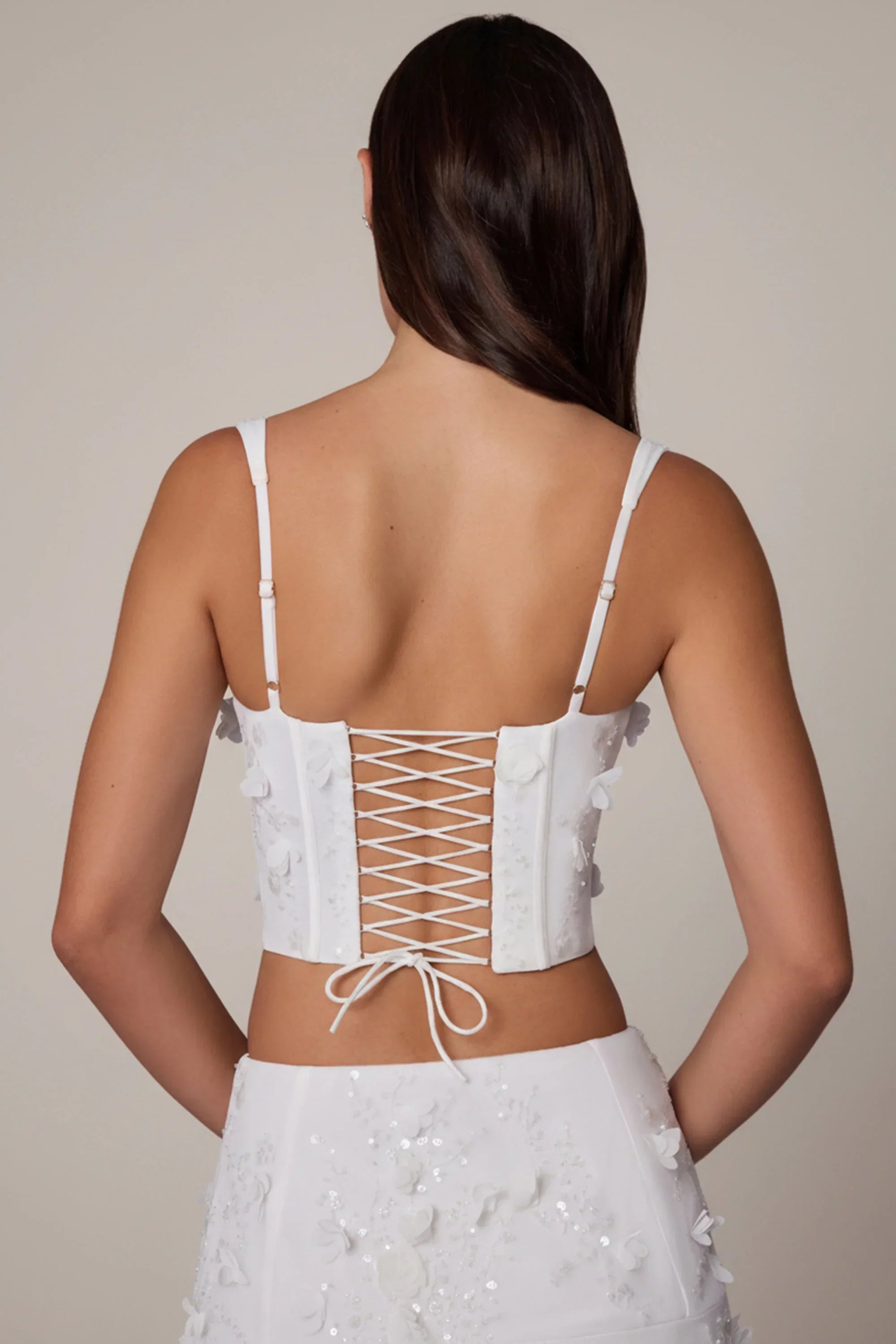 Embellished Lace Up Corset Top in White