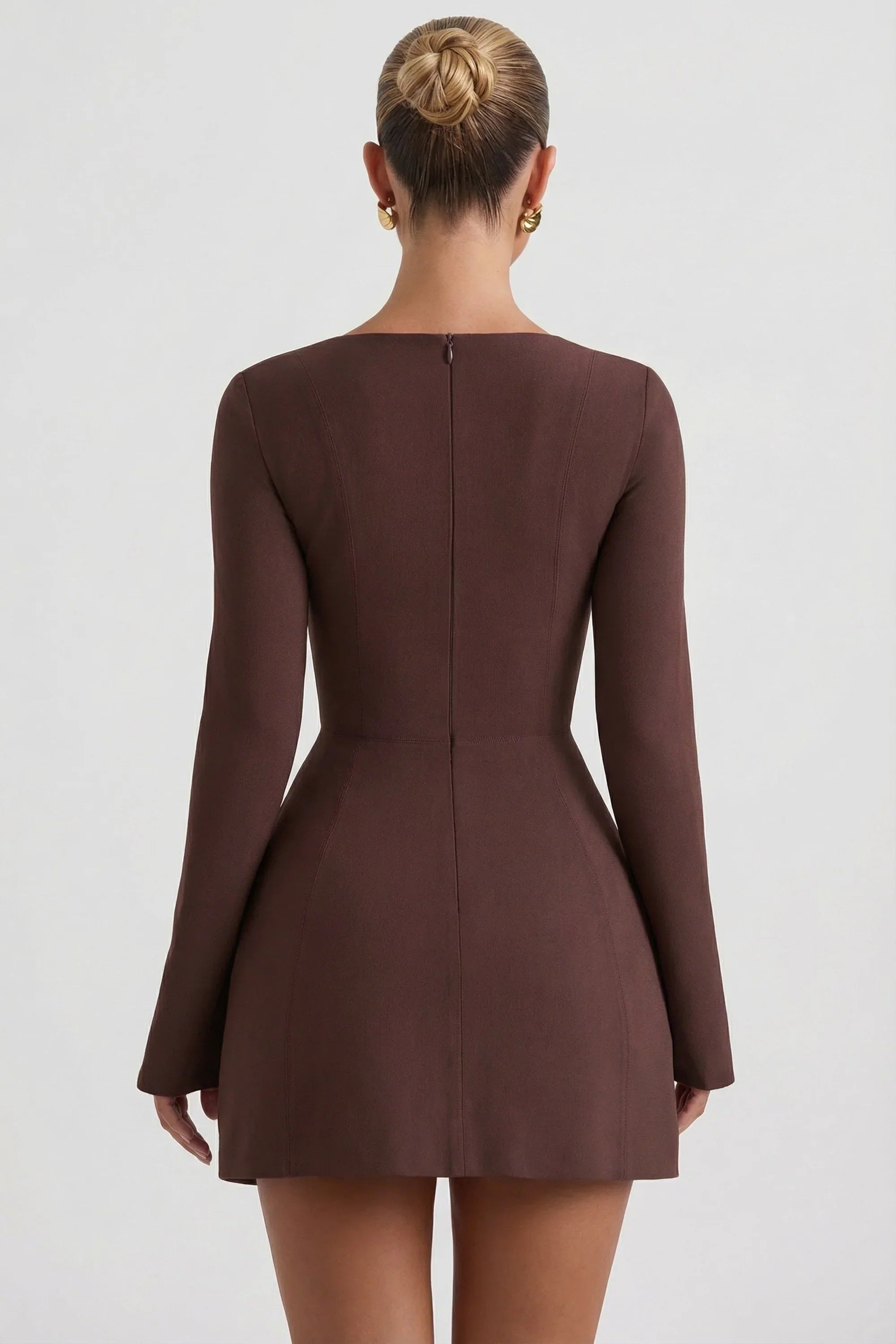 Square Neck Structured Tulip Mini Dress in Chocolate Brown