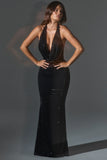 Embellished Cowl Neck Backless Gown in Black