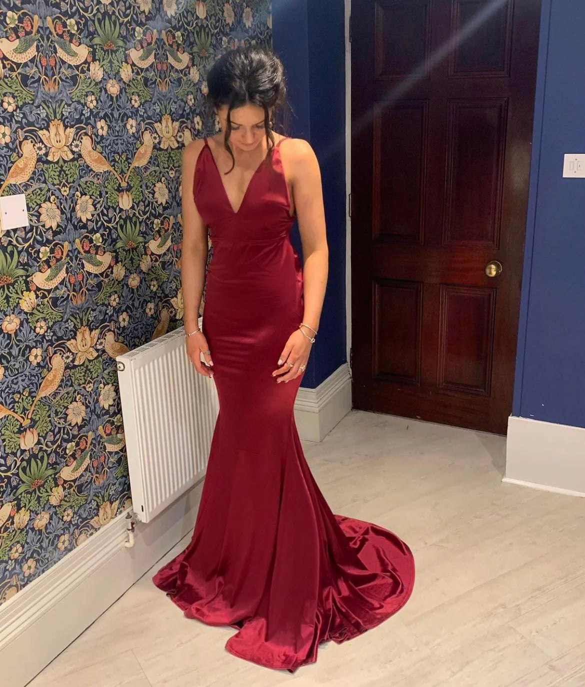 Love Affair Satin Gown with Ruched Back Wine