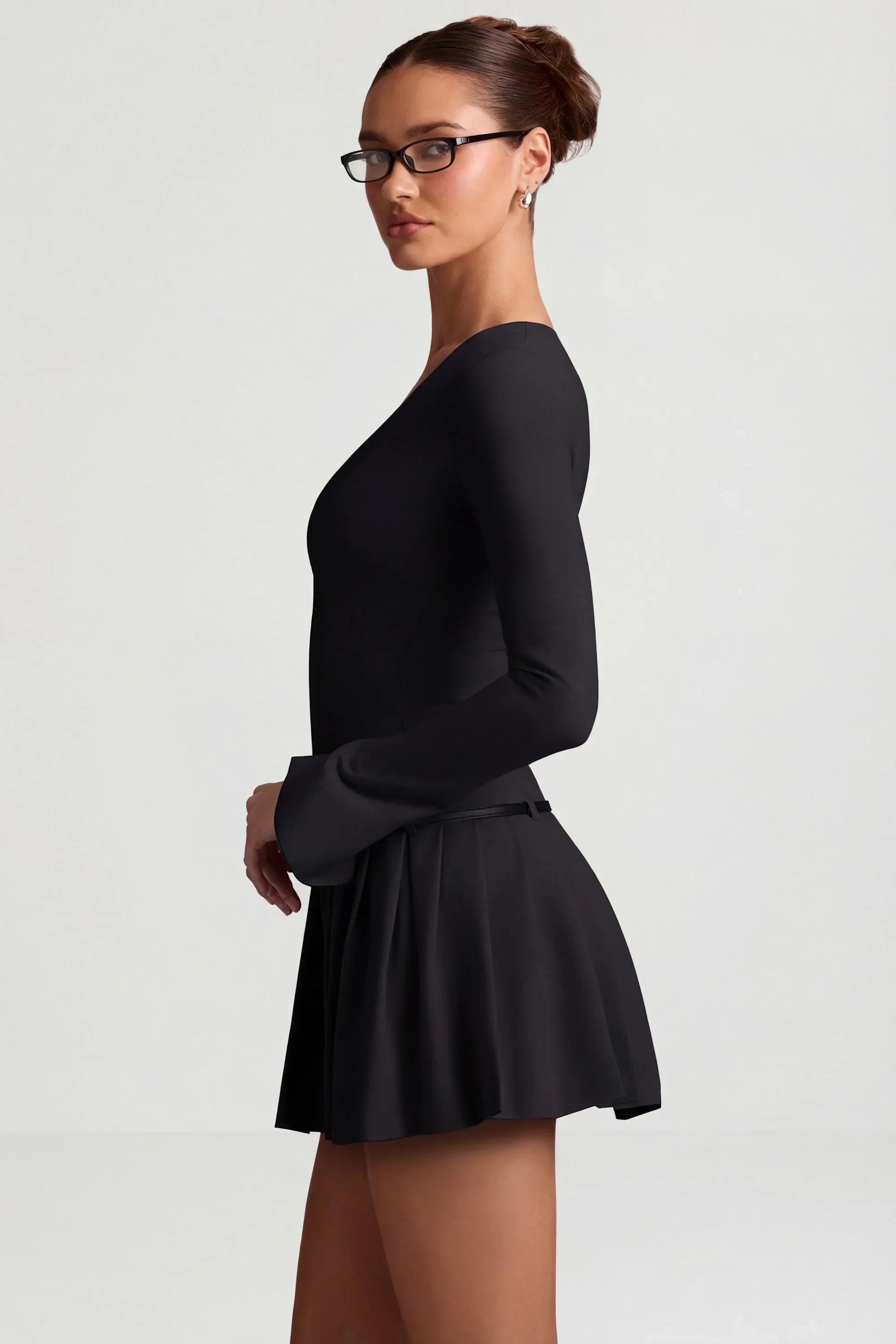 Long Sleeve Pleated Mini Dress in Black