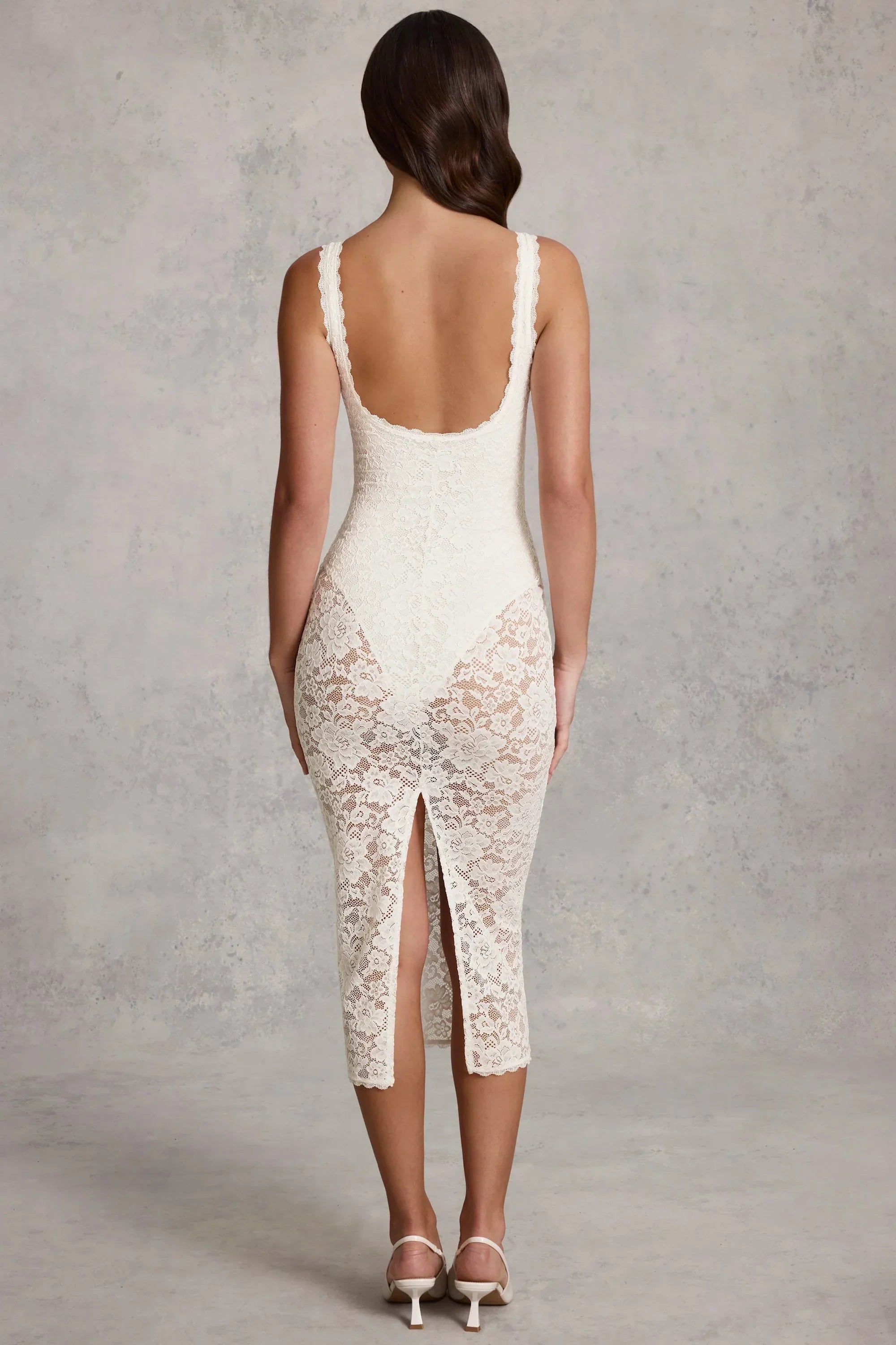 Sheer Lace Scalloped Plunge Bodysuit Midaxi Dress in White