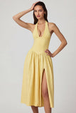 Modal Broderie Anglaise Halterneck Midaxi Dress in Lemon Yellow