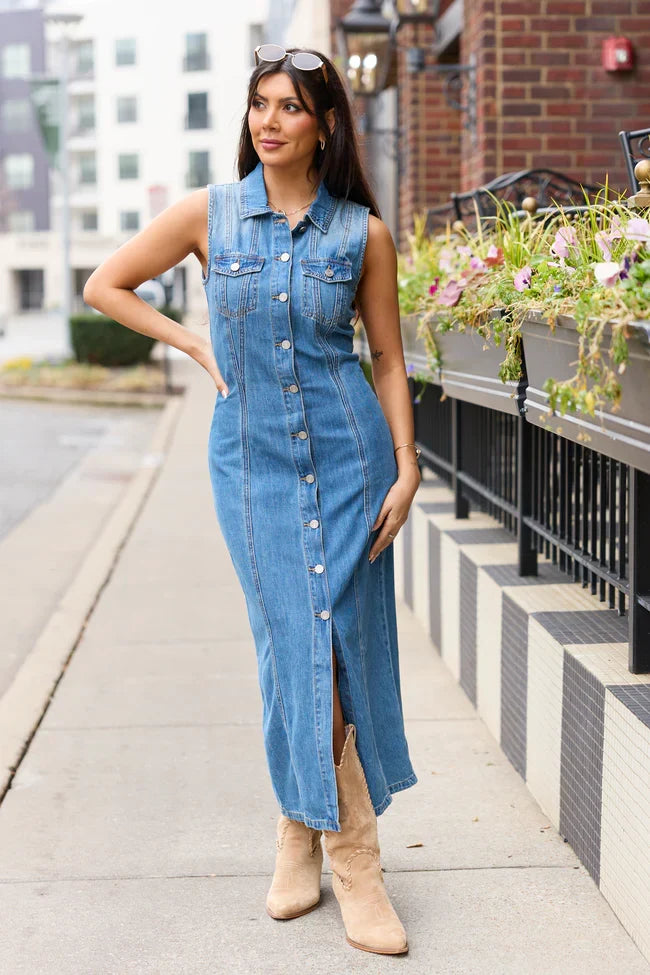 Romy Denim Button Front Maxi Dress FINAL SALE