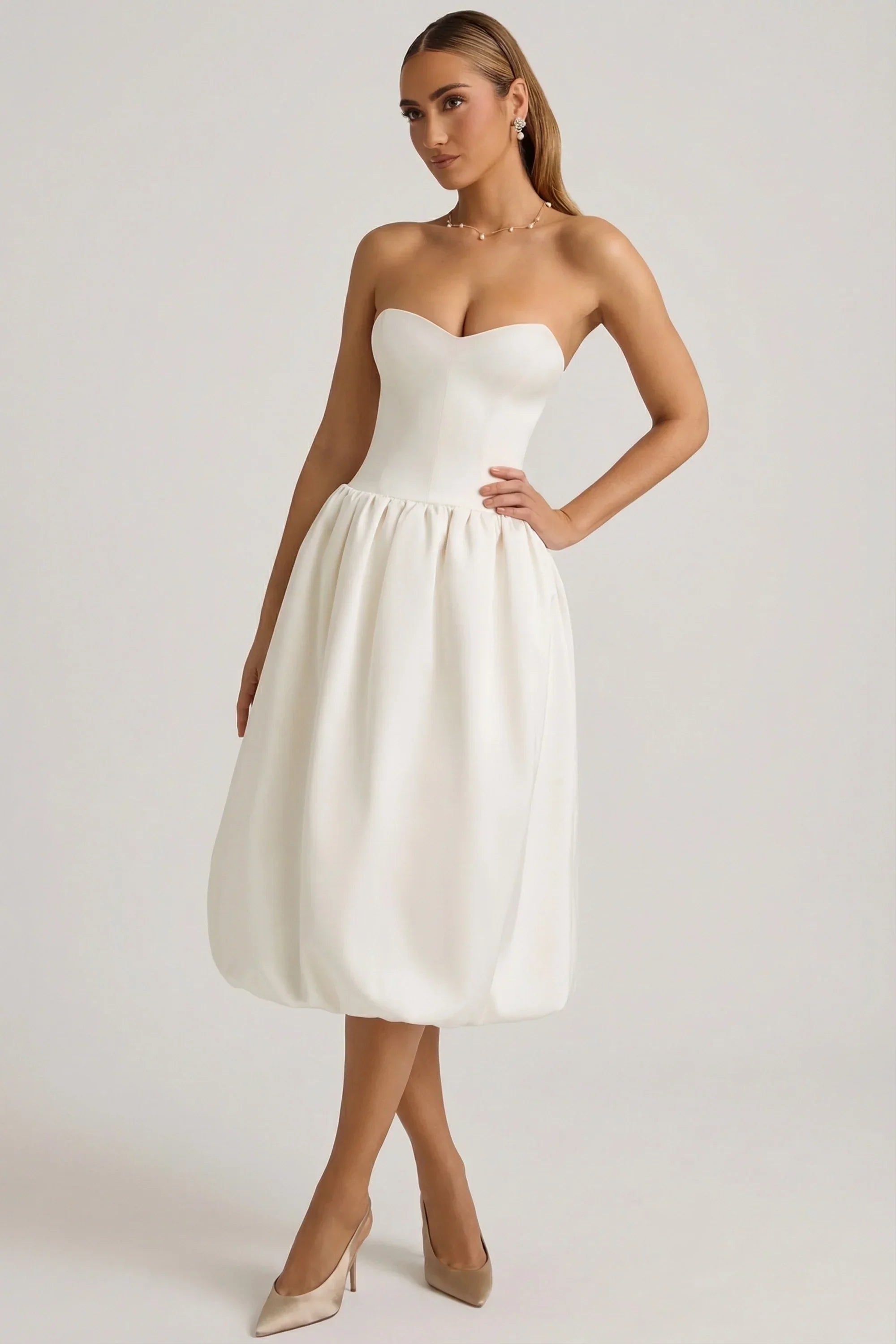 Convertible Bow Detail Bubble Hem Midaxi Dress in Ivory