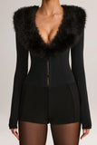 Faux Fur Trim Corset Playsuit in Black