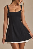 Bow Detail Pleated A Line Mini Dress in Black
