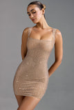 Embellished Square Neck Mini Dress in Almond