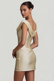 Satin Off Shoulder Draped Mini Dress in Ivory