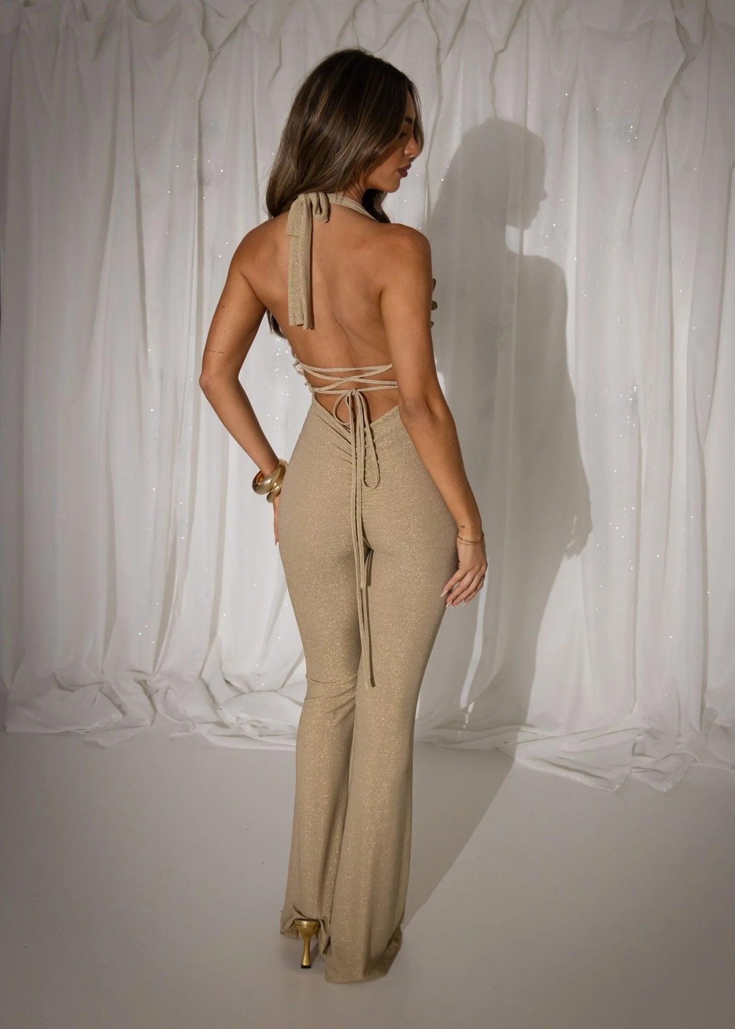 Forever Radiant Ruffle Lurex Jumpsuit Gold
