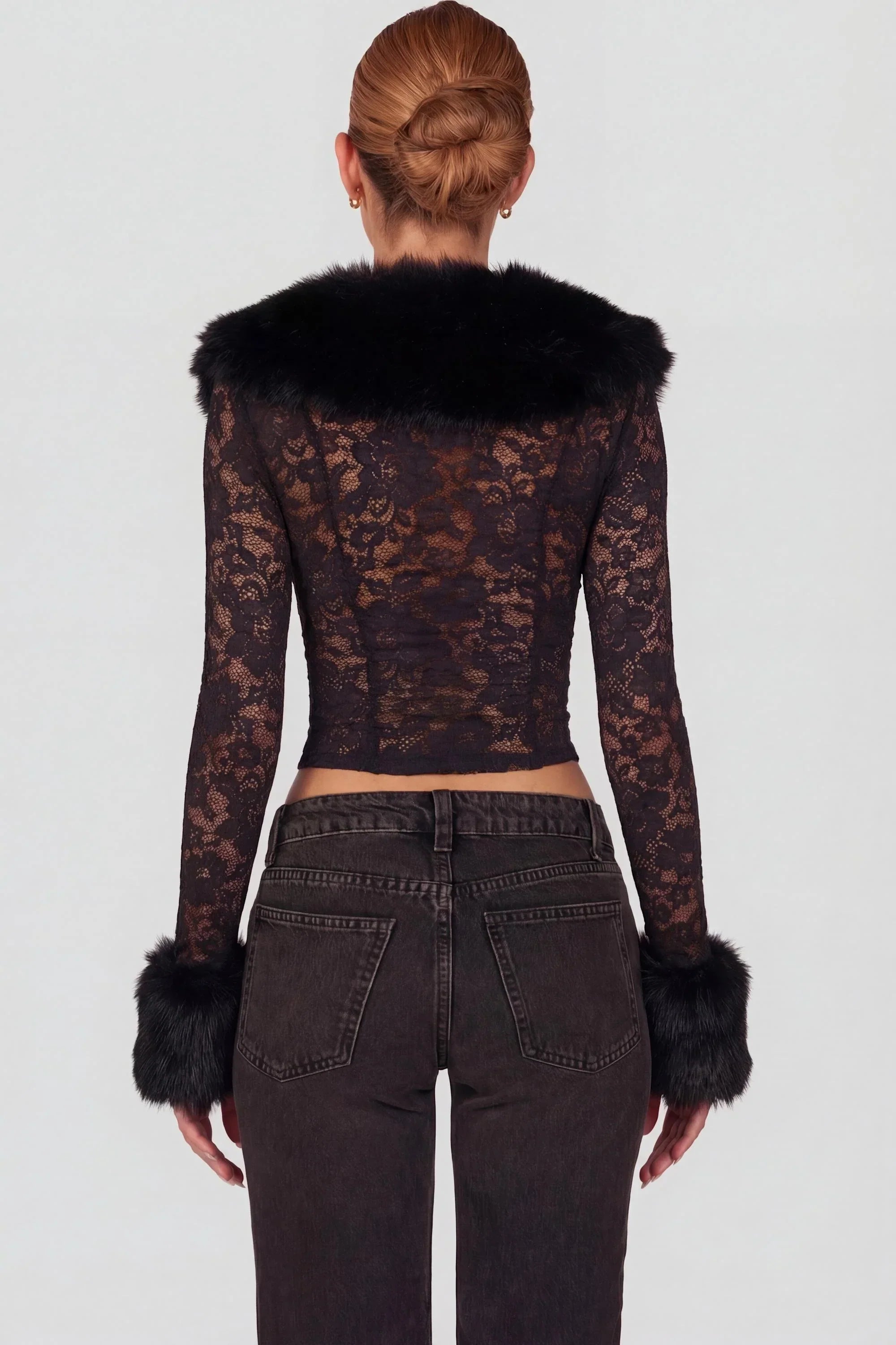 Sheer Lace Faux Fur Trim Cardigan in Black