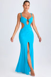 Ruffle Appliqué Cut Out Maxi Dress in Aqua Blue