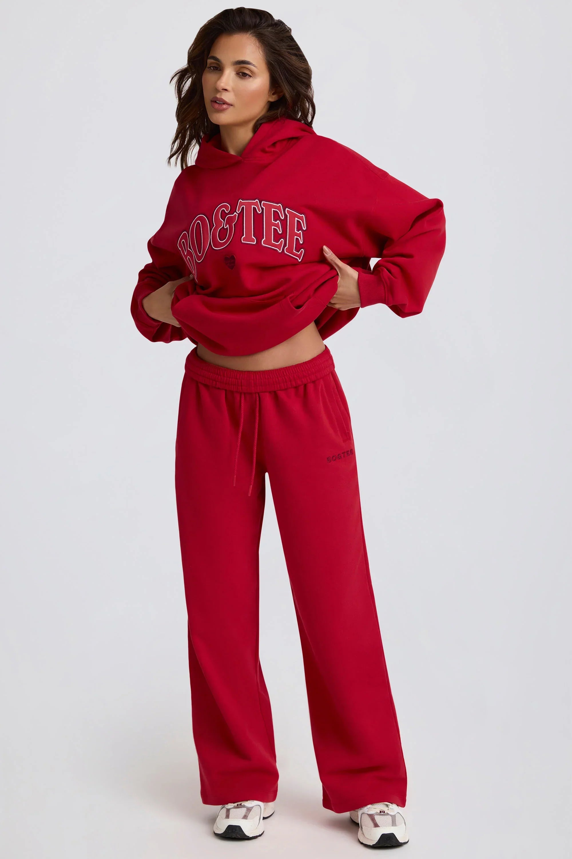 Soft Cotton Jersey Mid Rise Wide Leg Joggers in Hot Red