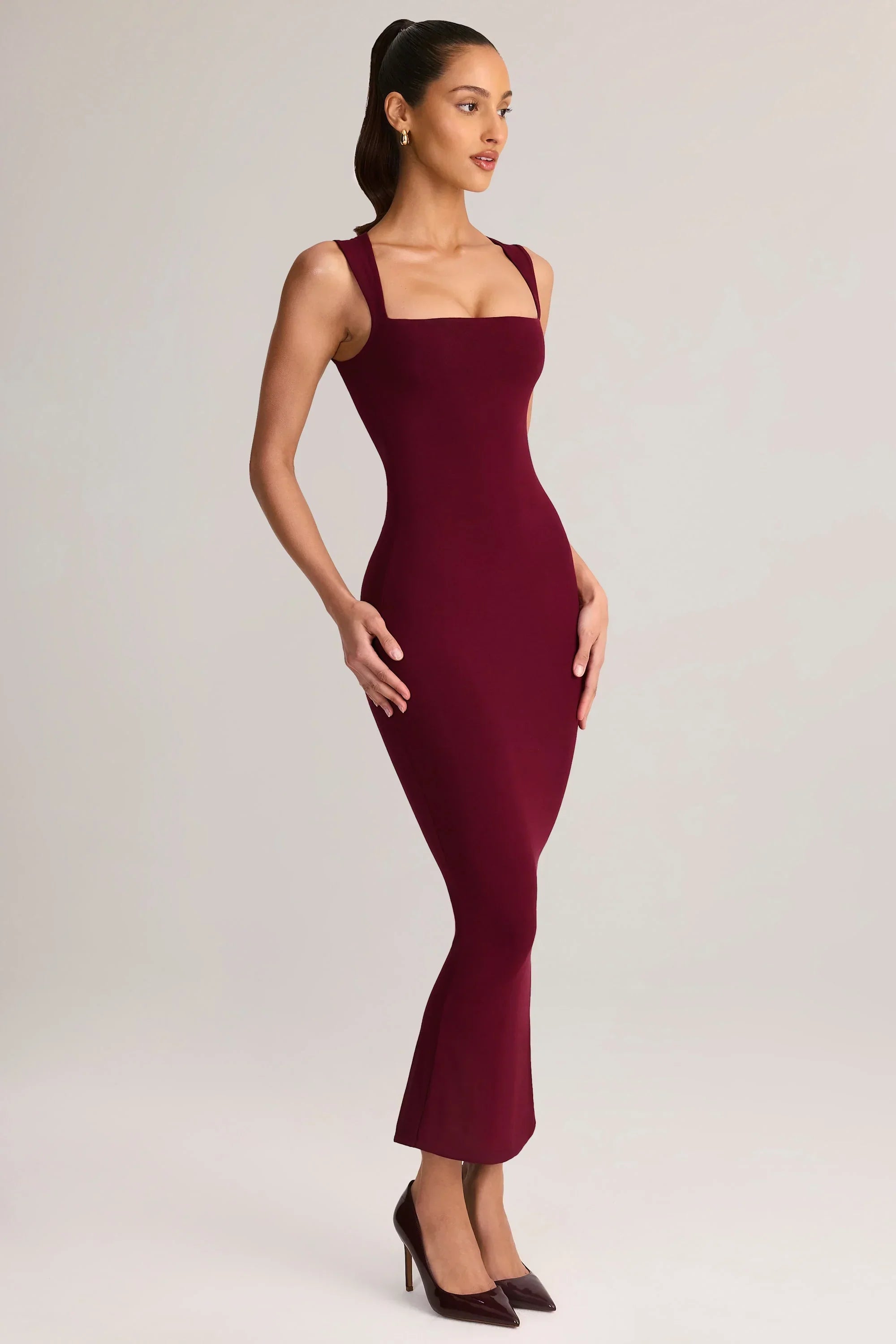Modal Square Neck Bodycon Midi Dress in Wine
