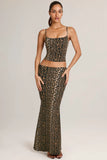 Modal Mid Rise Fishtail Maxi Skirt in Leopard Print