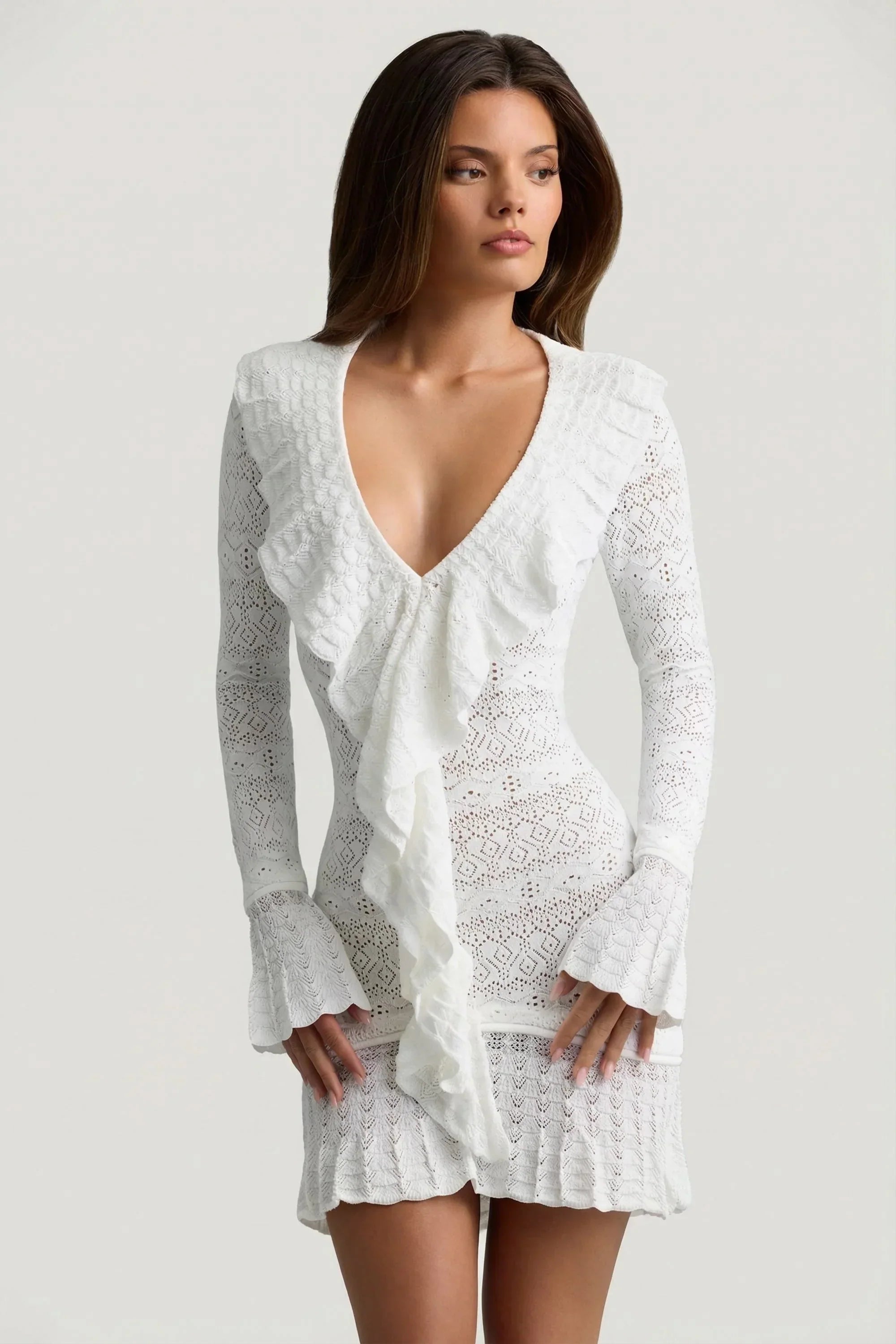 Ruffle Trim Pointelle Knit Mini Dress in White