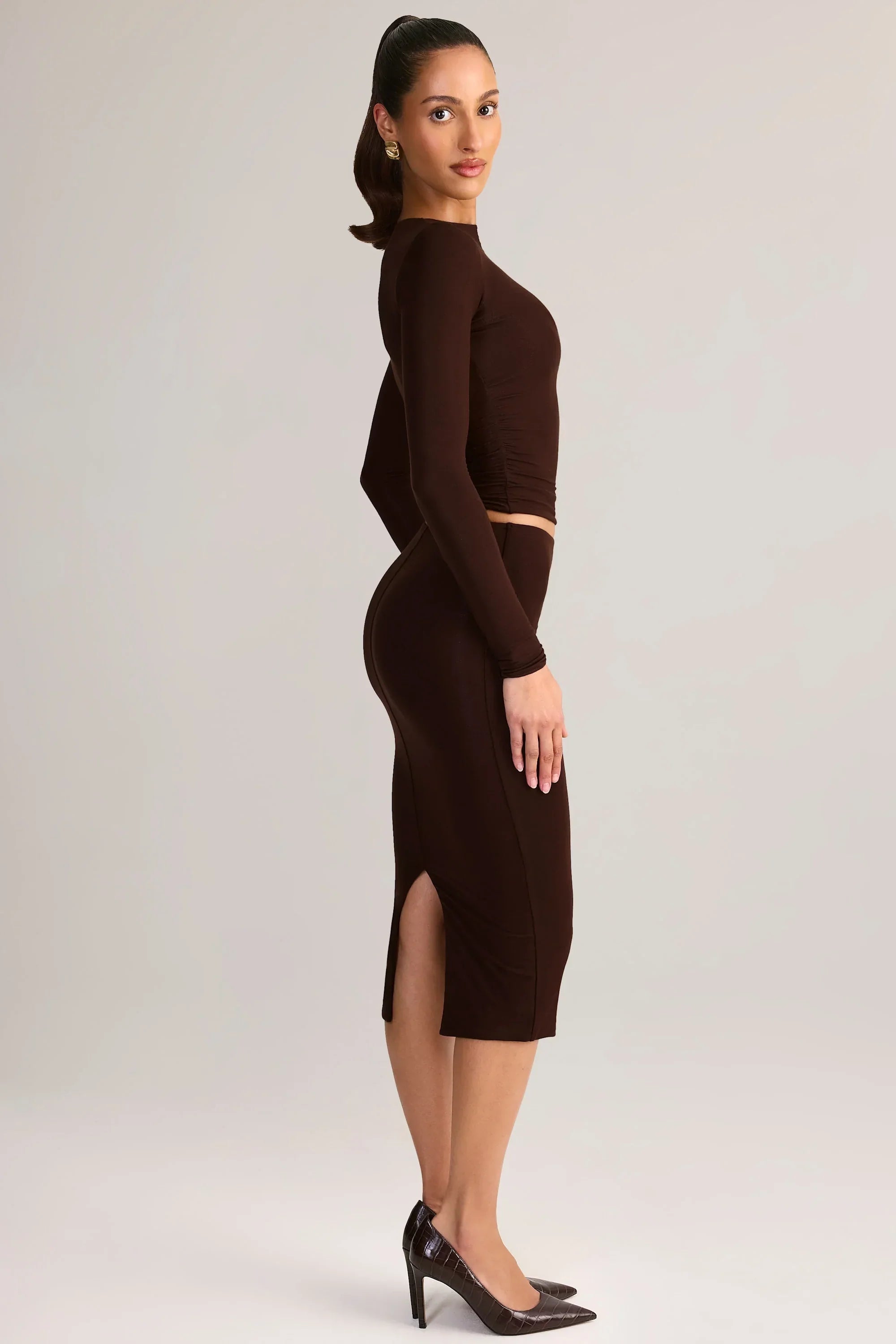 Modal Mid Rise Pencil Midi Skirt in Chocolate Brown