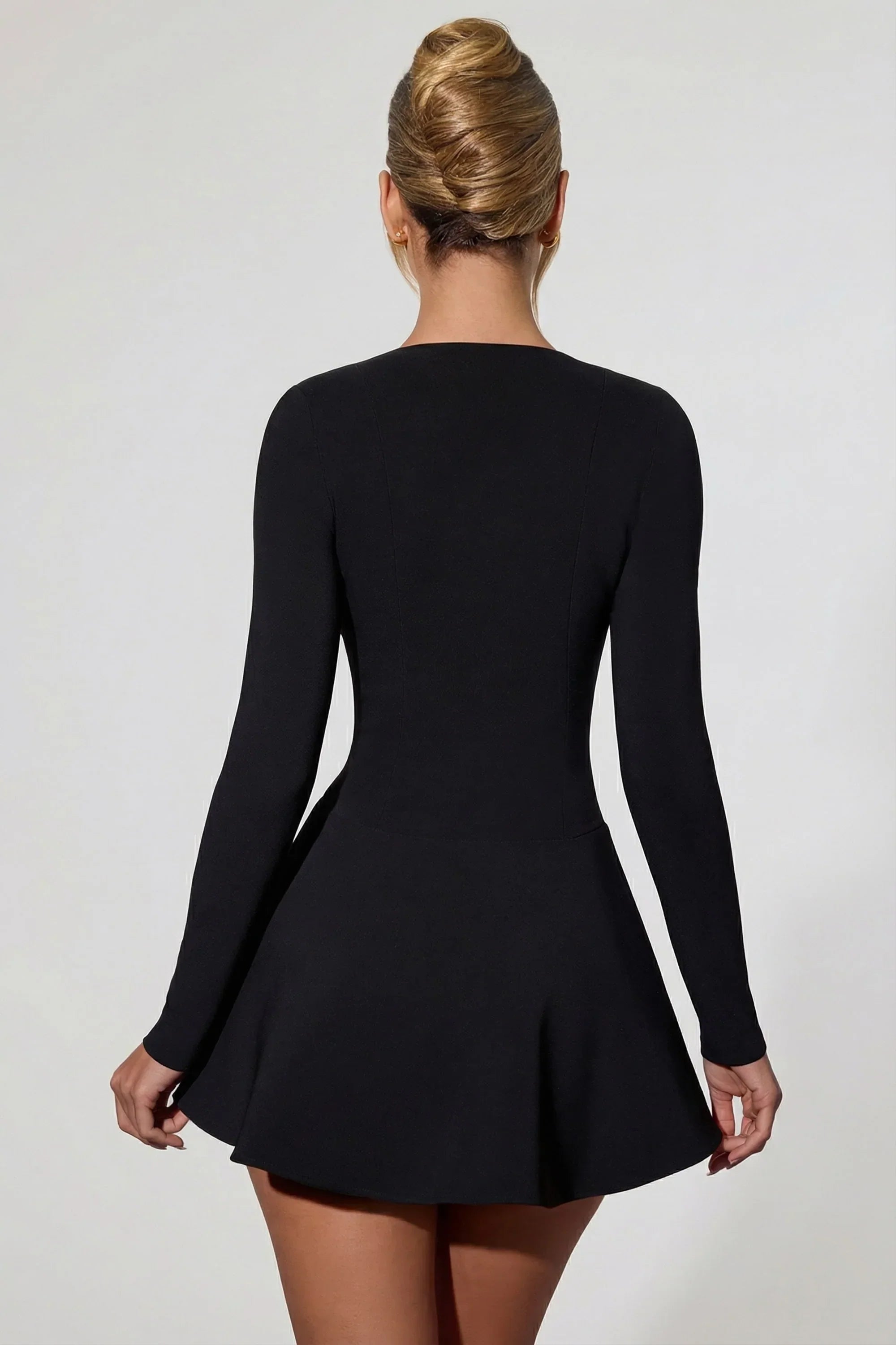 Bow Detail Plunge Neck A Line Mini Dress in Black
