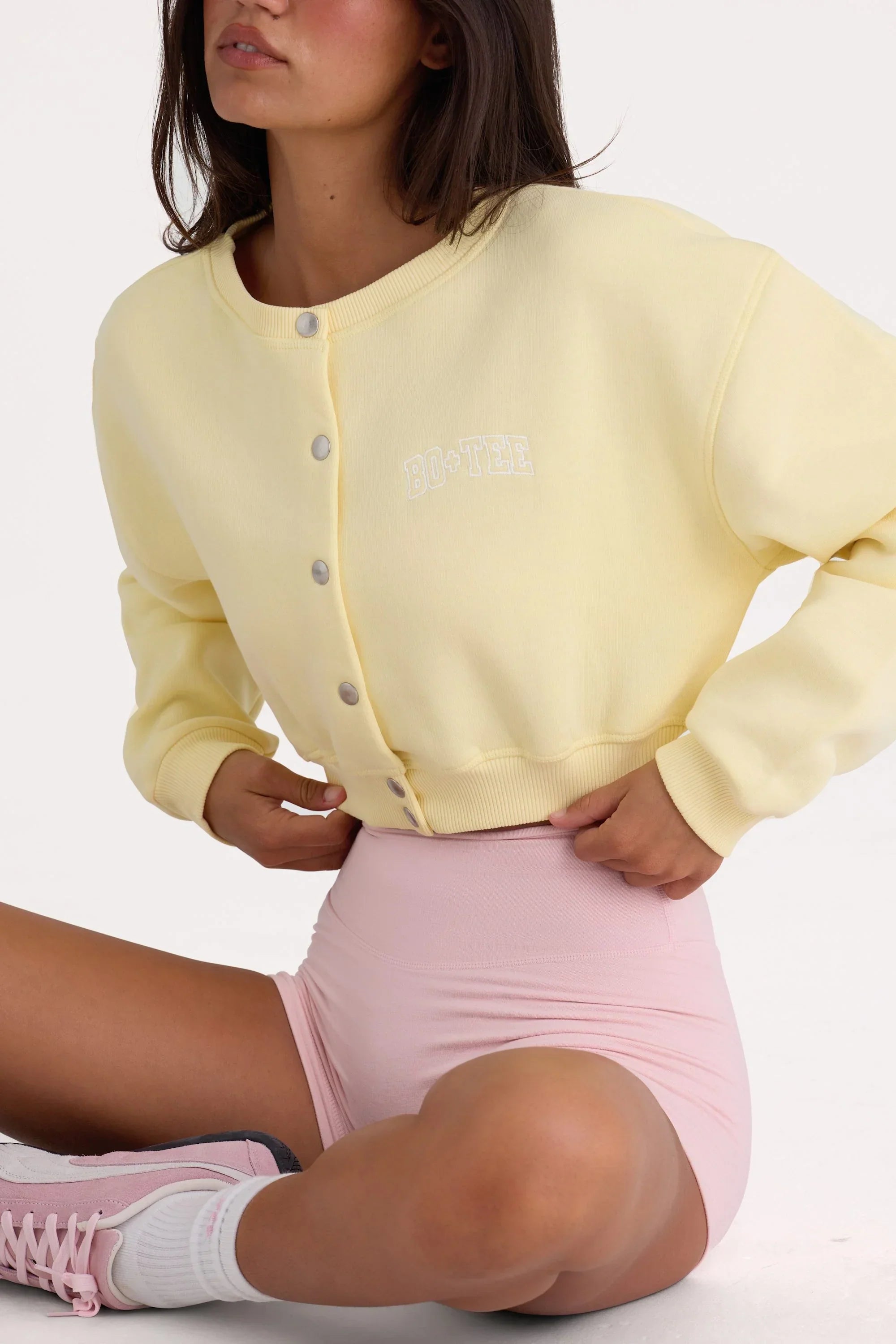 Brushed Jersey Button Up Cropped Cardigan in Lemon