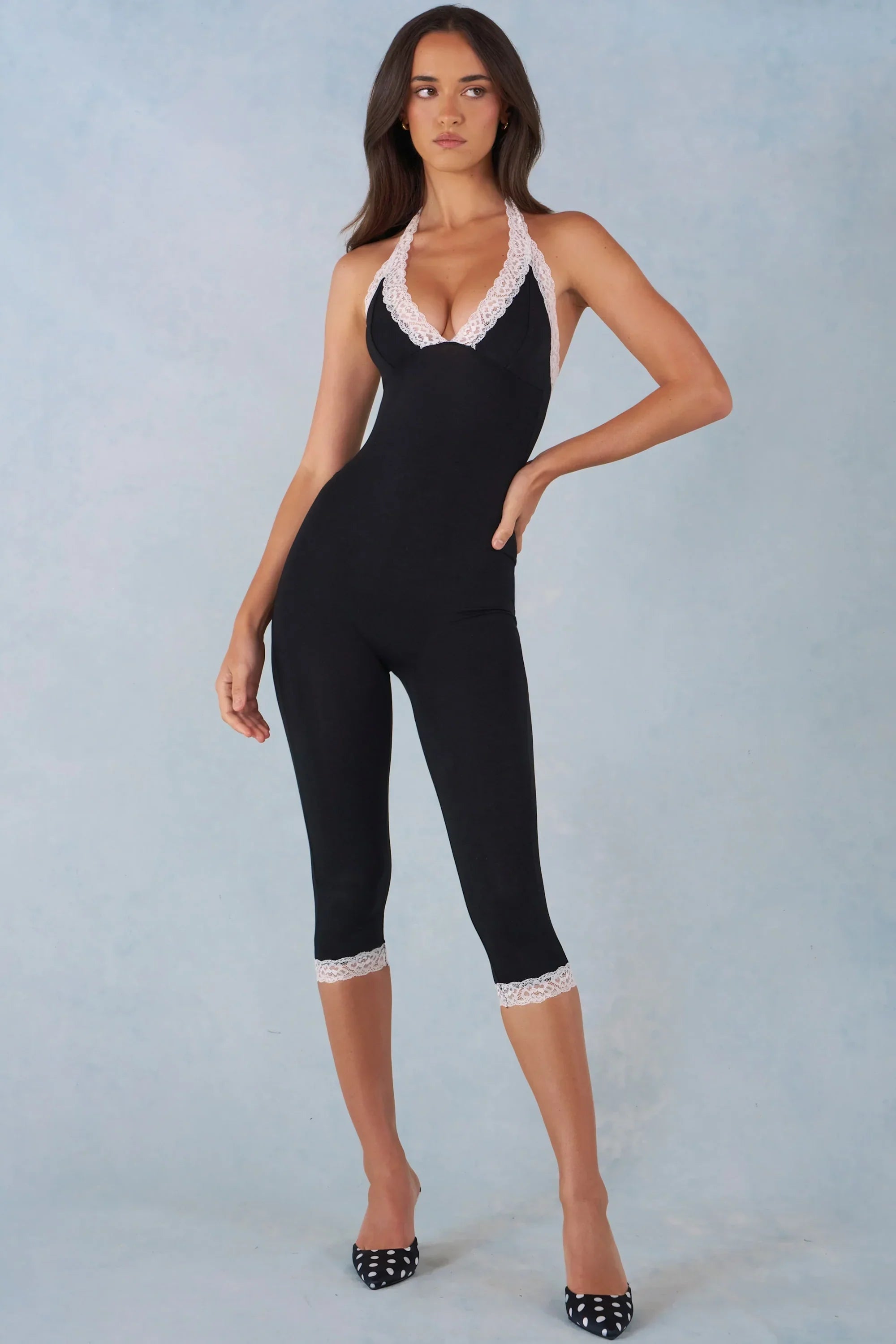 Modal Lace Trim Capri Jumpsuit in Black