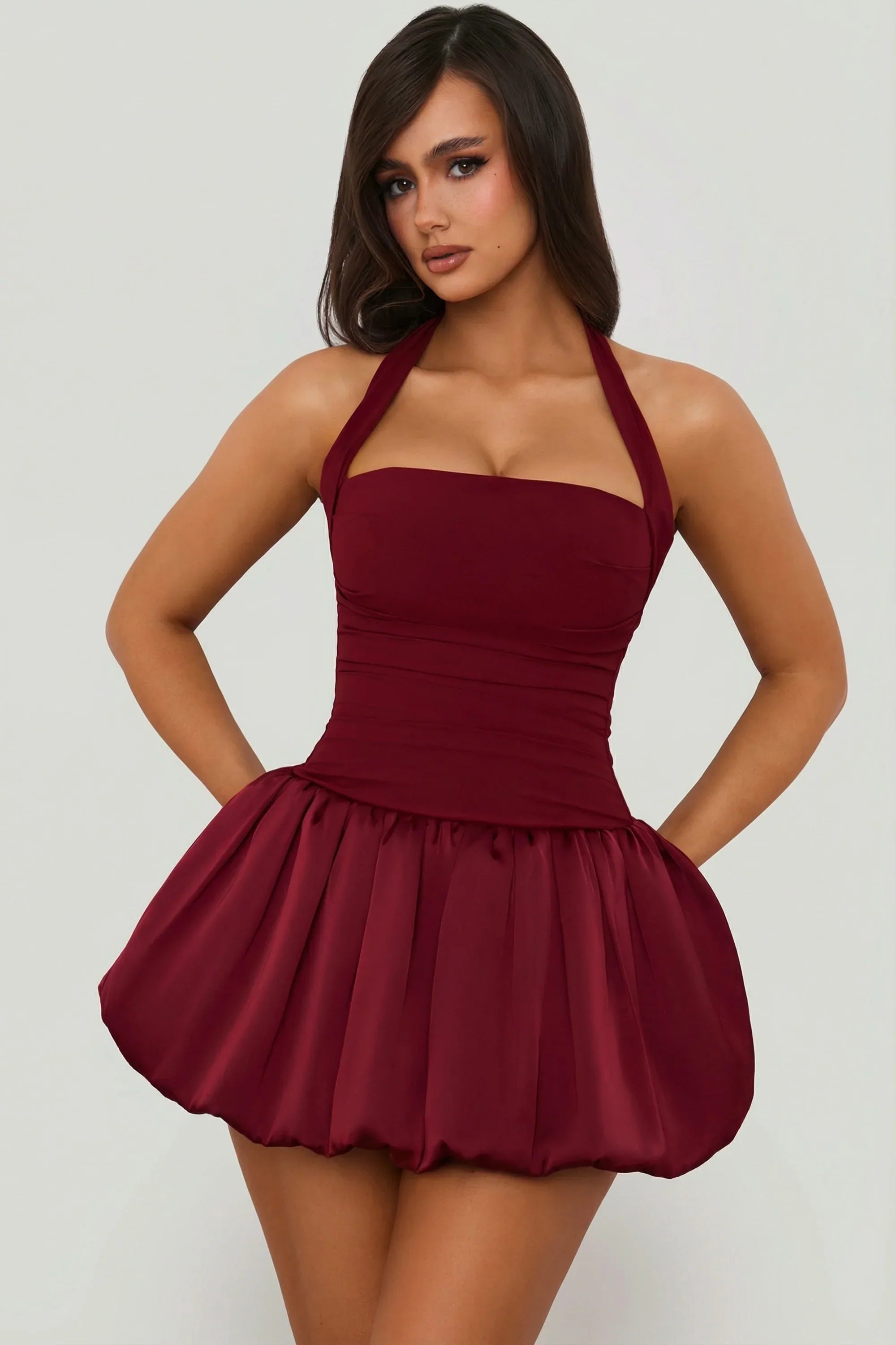 Halterneck Lace Up Bubble Hem Corset Micro Mini Dress in Berry Red