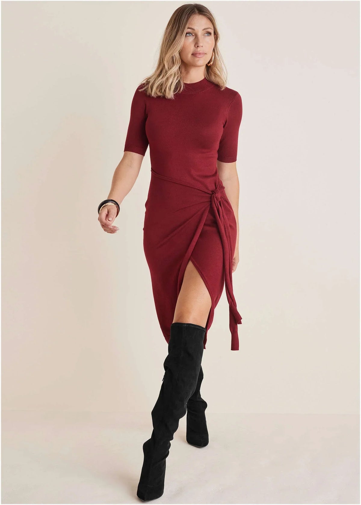 Tie Side Sweater Dress Wine