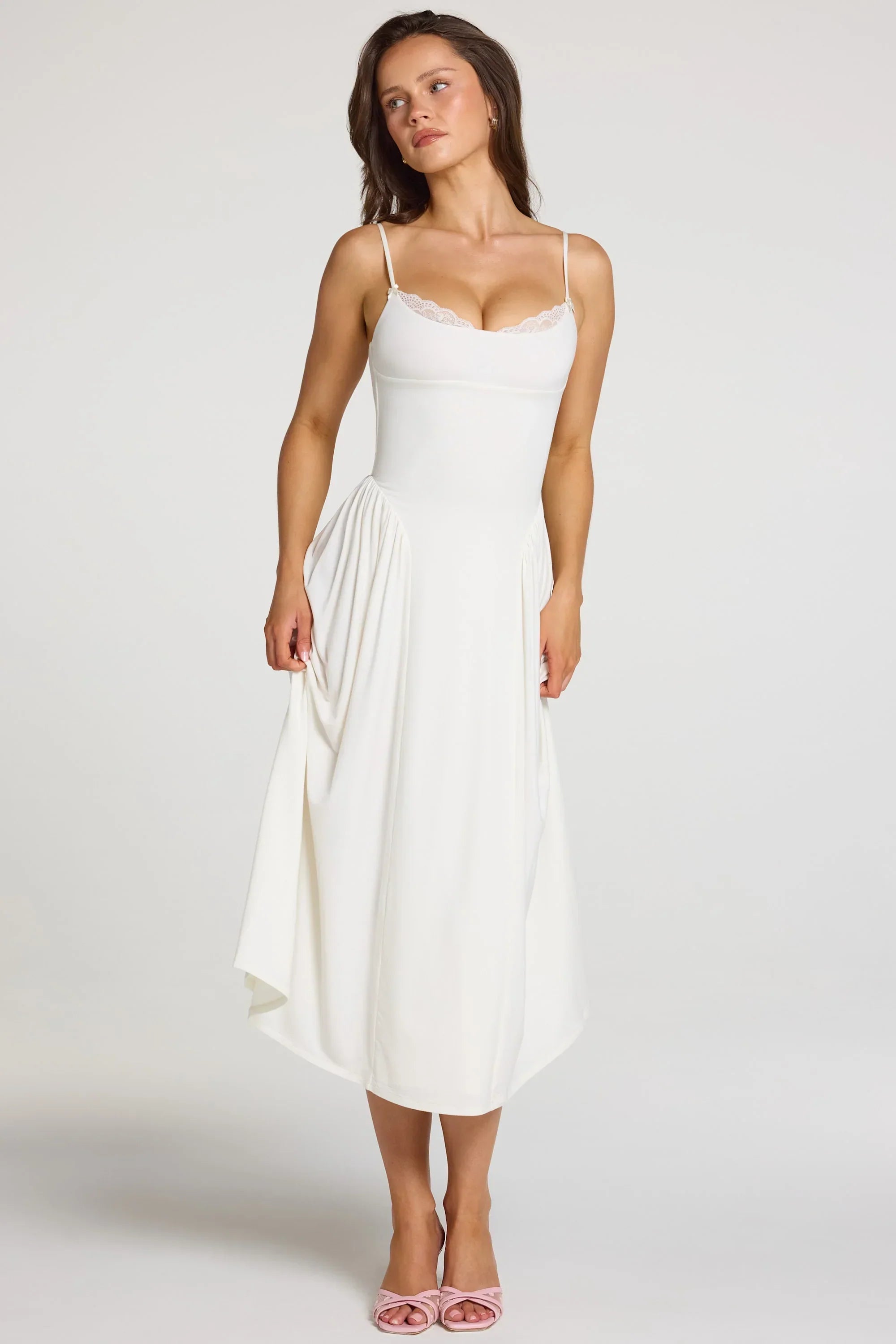 Modal Lace Trim Midaxi Dress in White
