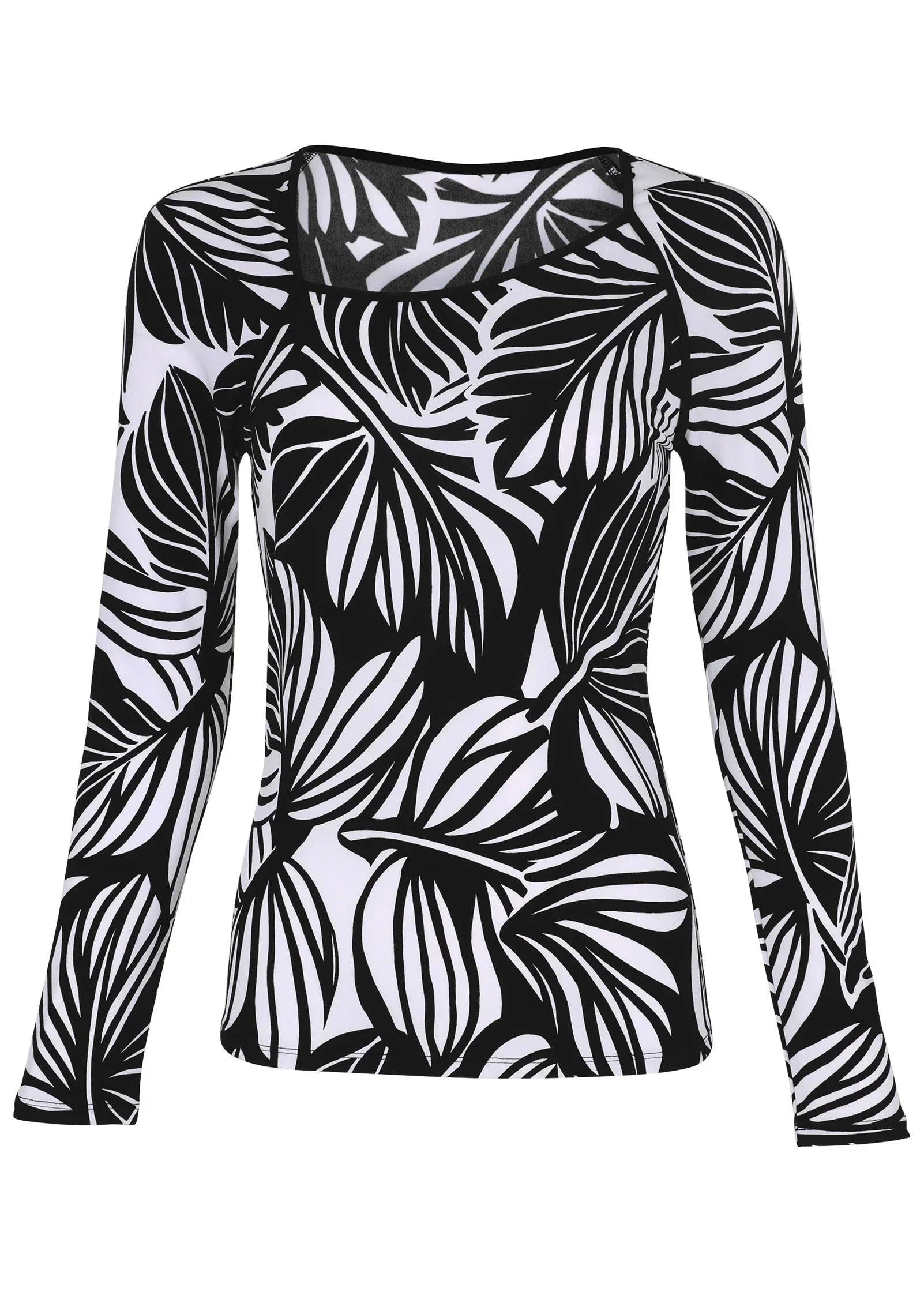 Asymmetric Neck Top Black Contrast Bold Leaves