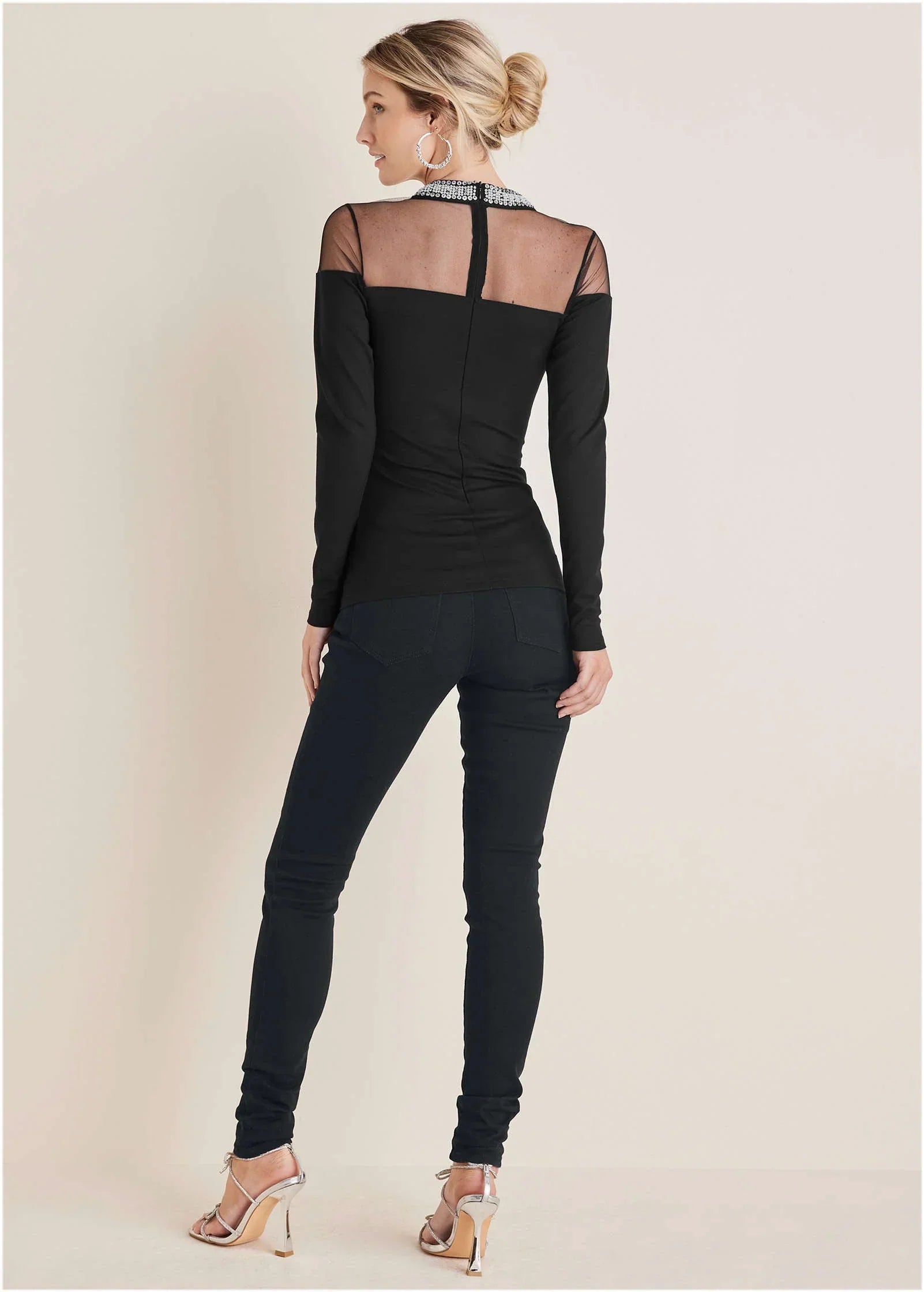 Embellished Neck Mesh Top Jet Black