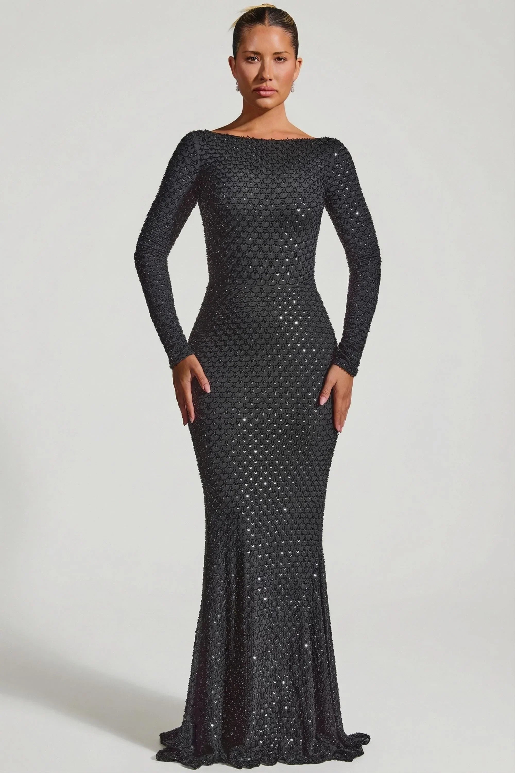 Embellished Open Back Gown in Black