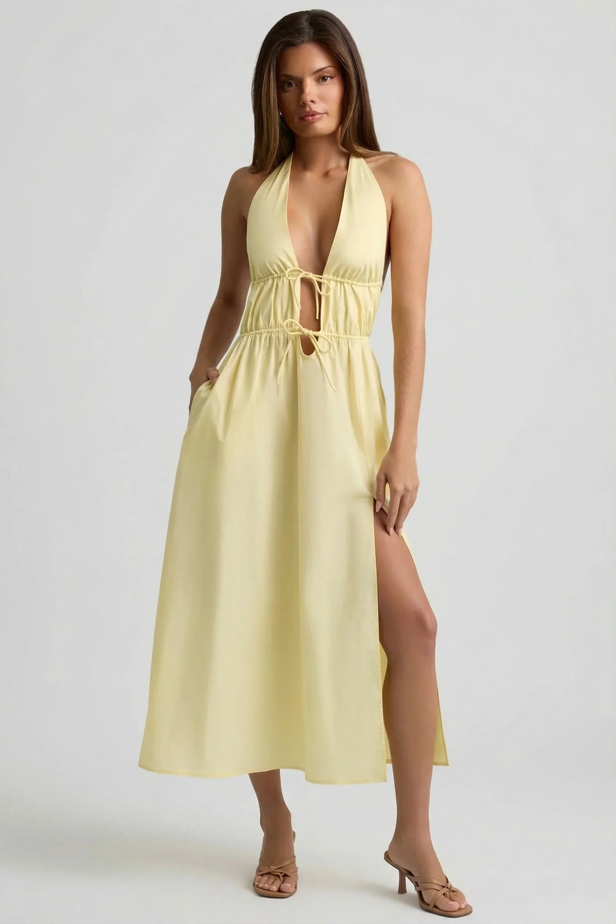 Backless Cotton Poplin Midaxi Dress in Lemon Yellow