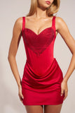 Satin Sweetheart Neck A Line Mini Dress in Rose Red